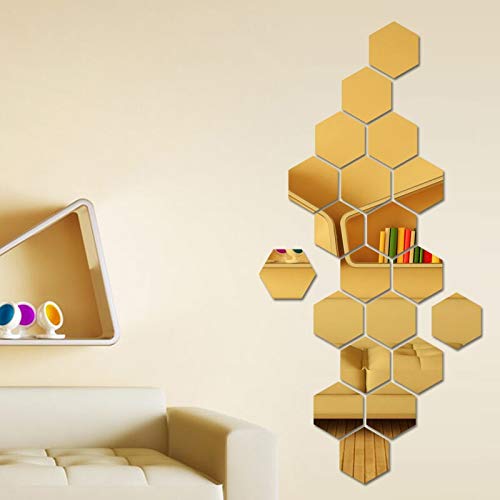 12 Pcs Gold Hexagonal Wall Mirror Decals (4X4 Inch)