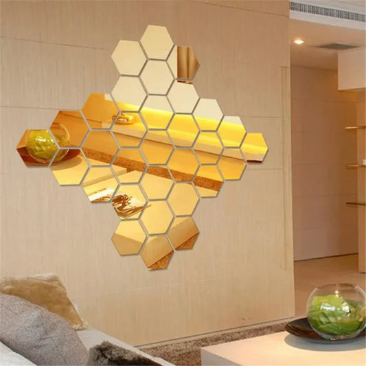 12 Pcs Gold Hexagonal Wall Mirror Decals (4X4 Inch)