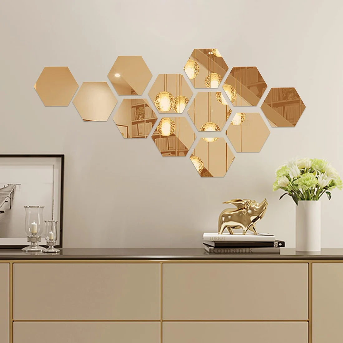 12 Pcs Gold Hexagonal Wall Mirror Decals (4X4 Inch)