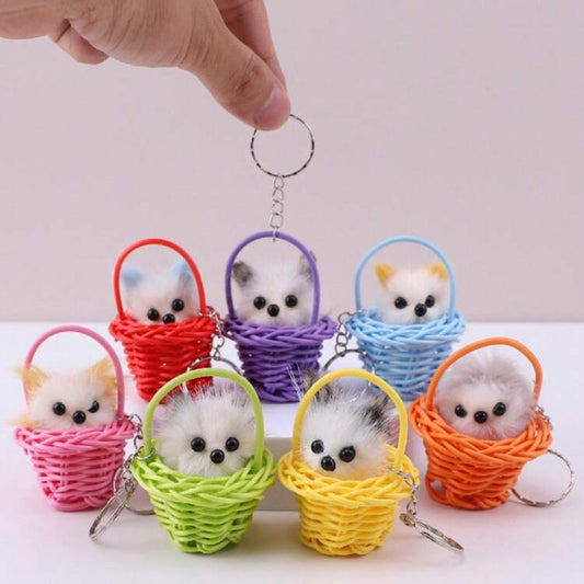 Mini Plastic Faux Fur Creative Cat Basket Keychain