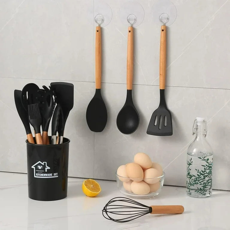 12 Pcs Silicone Kitchen Utensil Set with Wooden Handles