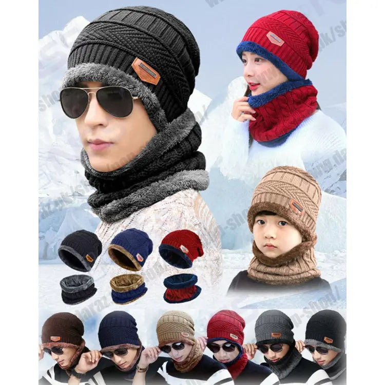 2Pcs Knitted Beanie Hat Scarf Skull Set Cap Warm Winter