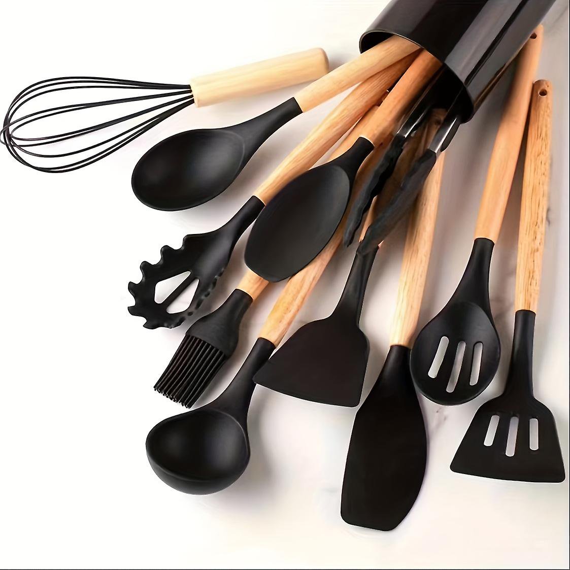 12 Pcs Silicone Kitchen Utensil Set with Wooden Handles