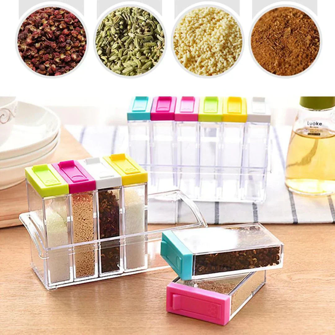 6pc Spice Jars Dispenser Masala Rack Easy Flow Storage Crystal Seasoning Box